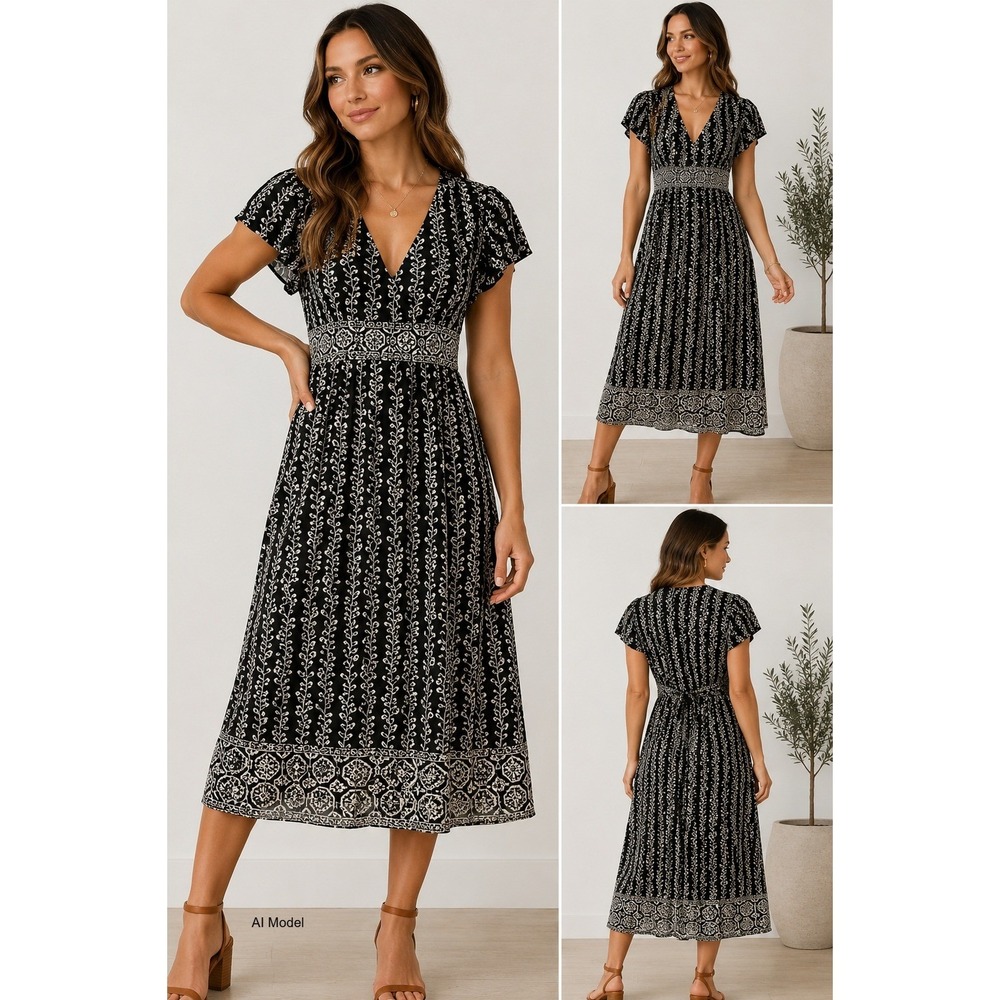 Black White Empire‎ Waist Midi Dress Medium Boho Summer Travel Office Casual